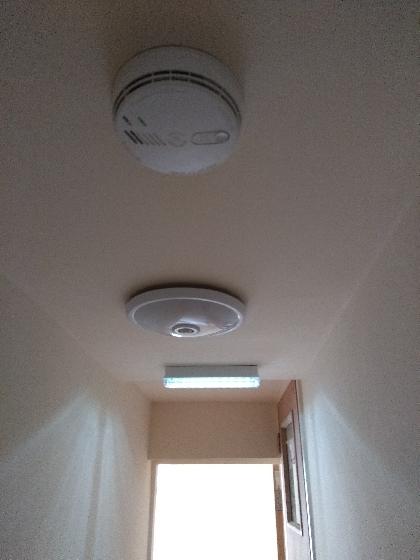 Entrance hall showing emergency light, smoke detector and LED PIR light fitting.